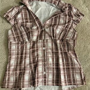 SHEIN Pink and White Plaid Button Down Shirt